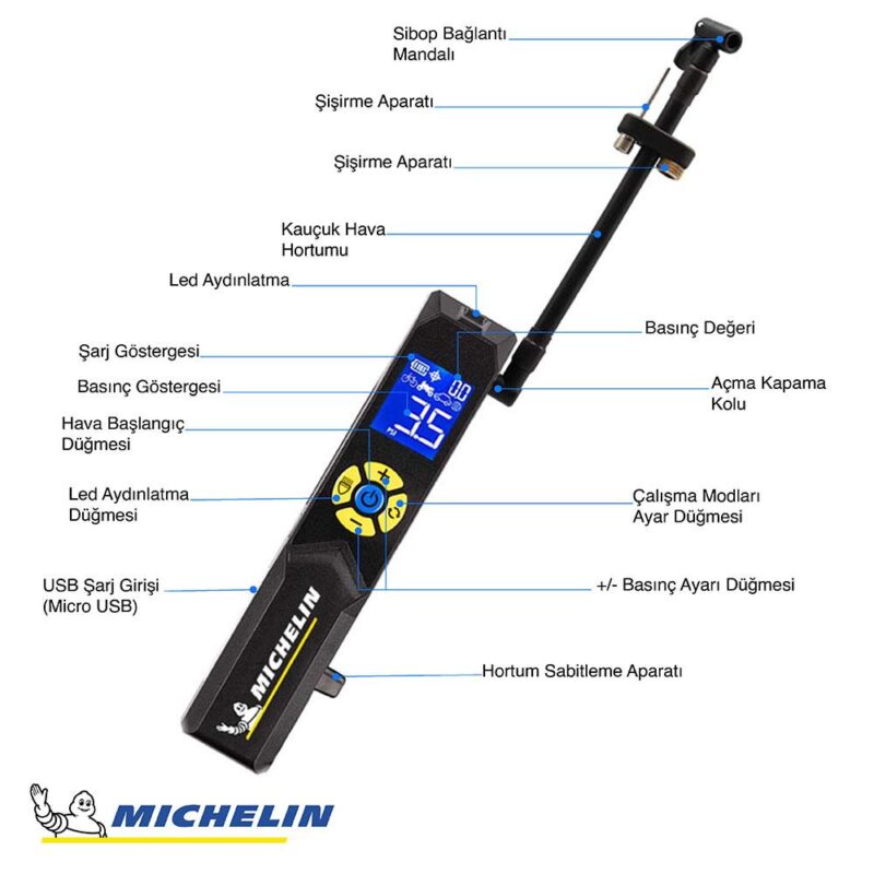 Michelin MC33382 Şarjlı Li-ion 150PSI Taşınabilir Dijital Basınç Göstergeli Led Aydınlatmalı Lastik Şişirme Pompası - Görsel 9