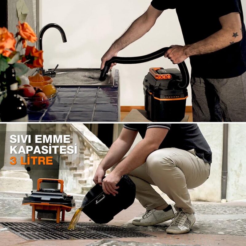 WORX WX031 20Volt 4.0Ah. 200W/16Kpa Li-ion Kömürsüz Flexi Esnek Hortumlu Profesyonel Şarjlı Islak/Kuru Süpürge & Üfleme - Görsel 3